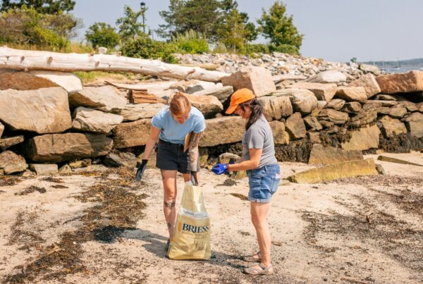 Two members of the Allagash Green Team participate in a beach cleanup in Portland, Maine.